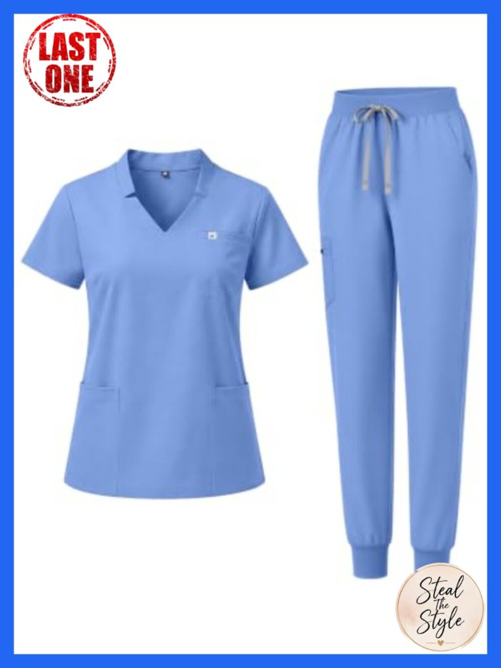 Women's Scrub Set Notched V-Neck Top & Jogger Pants 8-Pocket Medical Uniform